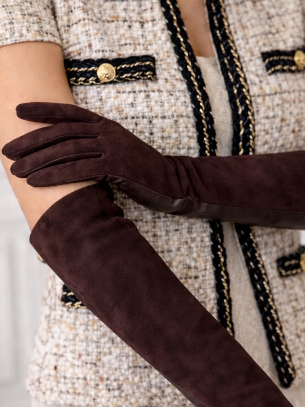 NWT Long Leather & Suede Opera Gloves Brown Premium 6.5 - Picture 2 of 10